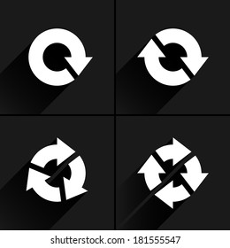 4 white arrow refresh, reload, rotation, loop icon. Volume 04. Flat icon with black long shadow on gray background. Simple, solid, plain, minimal style. Vector illustration web design elements 8 eps