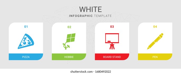 4 weiße, gefüllte Symbole einzeln auf Infografik-Vorlage. Icons mit Pizza, Hobbie, Board Stand, Pen Icons.