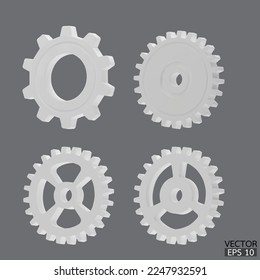 4 white Gear icon set. Blue Transmission cogwheels and gears are isolated on gray background. White Machine gear, setting symbol, Repair, and optimize workflow concept. 3d vector illustration.