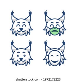 4 white and gray Lynx cat icons, wearing masks, masks and smiling. Vector animal lynx cat.