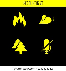 4 wild icons in vector set. pine, mouse, flame and mute illustration for web and graphic design