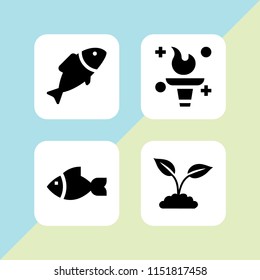 4 wild icons in vector set. fish, plant with leaves and fire illustration for web and graphic design