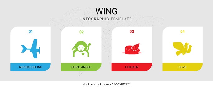 4 wing filled icons set isolated on infographic template. Icons set with Aeromodeling, cupid angel, chicken, Dove icons.