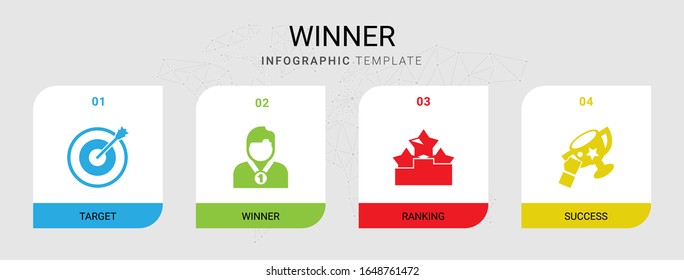 Cuatro iconos rellenos de ganadores establecidos aislados en la plantilla infográfica. Iconos establecidos con íconos Target, Ranking, éxito.