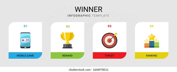 4 winner flat icons set isolated on infographic template. Icons set with Mobile game, reward, Target, Ranking icons.