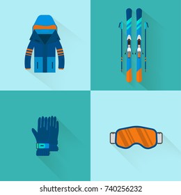 4 Winter sport icons collection. Skiing and snowboarding set equipment  in flat style design. Elements for ski resort picture, mountain activities, vector illustration.