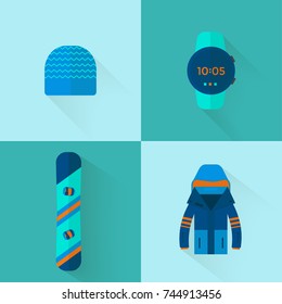 4 Winter sport icons collection. Skiing and snowboarding set equipment  in flat style design. Elements for ski resort picture, mountain activities, vector illustration.