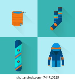 4 Winter sport icons collection. Skiing and snowboarding set equipment  in flat style design. Elements for ski resort picture, mountain activities, vector illustration.