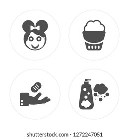 4 Wiping woman head, sponge tool, tray soap modern icons on round shapes, vector illustration, eps10, trendy icon set.