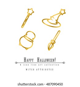 4 Witches attributes for halloween holiday line art vector icon collection, magic wand and hat, broom and cauldron, happy halloween symbols in gold color.