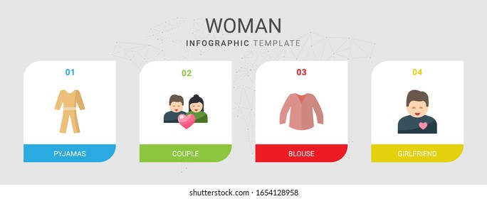 4 woman flat icons set isolated on infographic template. Icons set with pyjamas, couple, blouse, girlfriend icons.
