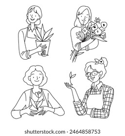 4 woman florists with plants. Vector illustration