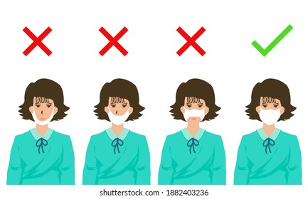 There’re 4 women showing how to wearing protective mask correctly. All of them’re wrong except the last one. The last man is wearing mask in the right way to avoiding pollution and viruses or illness.