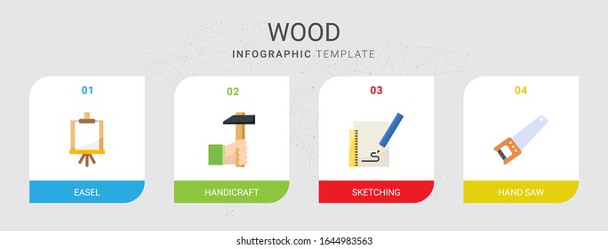 4 wood flat icons set isolated on infographic template. Icons set with Easel, Handicraft, Sketching, Hand saw icons.