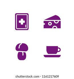 4 wooden icons in vector set. cheese, tea, first aid kit and mushroom illustration for web and graphic design