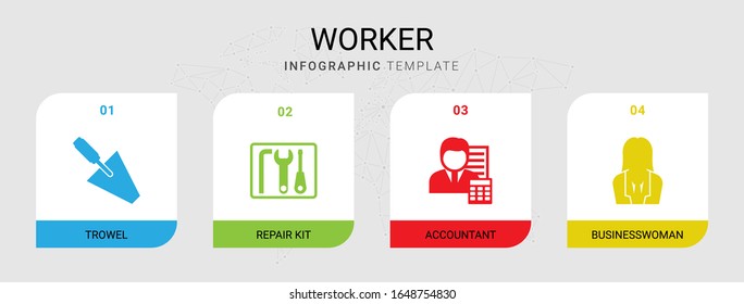 4 worker filled icons set isolated on infographic template. Icons set with trowel, repair kit, Accountant, businesswoman icons.