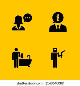 4 worker icon set with bathtub cleaning, welder and businessman vector illustration for graphic design and web