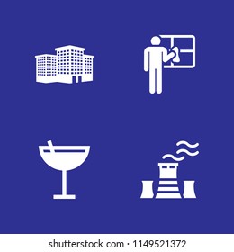 4 worker icon set with cocktails, buildings group and cleaning vector illustration for graphic design and web