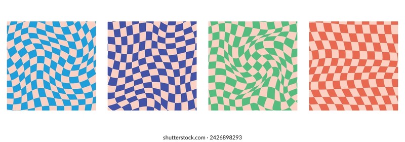 4 Y2K groovige Muster: Retro mit psychedelischem Twist. Vektor wellenförmiger Hintergrund mit einem niedlichen, verzerrten Gitter.