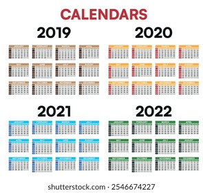 4 Año 2019, 2020, 2021, 2022 Calendarios Diseño De Vector Con Fondo Blanco