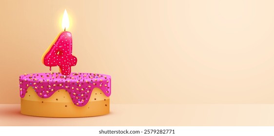 4 year anniversary. Cake with burning candles and confetti. Birthday banner. Vector illustration