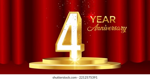 4 year anniversary celebration. Elegant gold birthday and logo isolated on red and black curtain background, vector design for celebrations, invitations and greeting cards