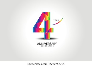 4 Year Anniversary Celebration Logo colorful vector, 4 Number Design, 4th Birthday Logo, Logotype Number, Vector Anniversary For Celebration, Invitation Card, Greeting Card. logo number Anniversary