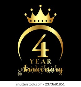 4 year anniversary celebration. Anniversary logo with crown and golden color vector illustration.