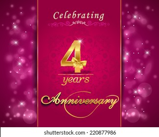 4 year anniversary celebration sparkling card, 4th anniversary vibrant background -  vector eps10 svg