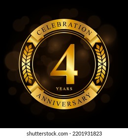 4 Year Anniversary celebration template design, with shiny ring and gold ribbon, laurel wreath isolated on black background, logo vector