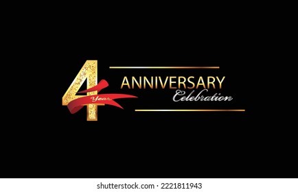 4 Year Anniversary celebration Vector Design. 4th Anniversary celebration. Gold Luxury Banner of 4th Anniversary celebration with red ribbon and glitter. Background celebration. Vector anniversary