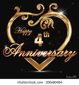 4 year anniversary golden heart, 4th anniversary decorative golden heart design - vector eps10 svg