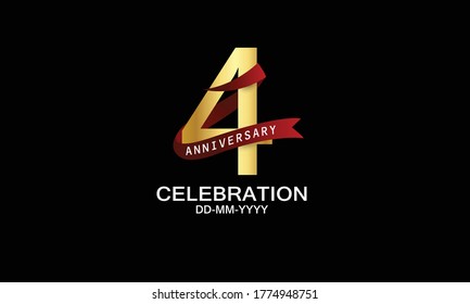4 year anniversary red ribbon celebration logotype. anniversary logo with Red text and Spark light gold color isolated on black background, design for celebration, invitation - vector