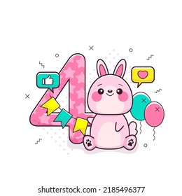 4 year birthday invitation or greeting with cute bunny