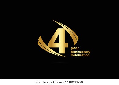 4 year minimalist logo years, jubilee, greeting card. Birthday invitation. Sign Cube Line Gold space vector illustration on black background - Vector