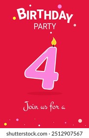 4 year old candle digit. Birthday party. Invitation.