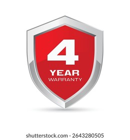 4 year warranty silver metal shield in red color vector illustration. Four year warranty protection icon. Metallic security badge. Red glossy metal emblem.
