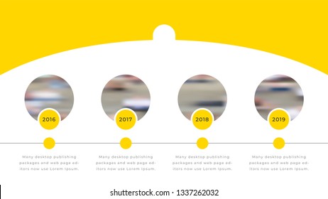 4 yearly timeline business presentation design with yellow shapes & rounded photos. Editable annual report flyer leaflet corporate presentation Power Point PPT template. Simple webpage design