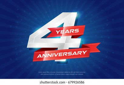4 years anniversary background with red ribbon and star on blue background. celebrating logotype, poster or brochure template. Vector illustration