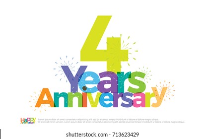 4 years anniversary celebration colorful logo with fireworks on white background. 4th. anniversary logotype template design for banner, poster, card vector illustrator