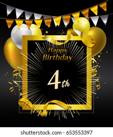 4 years anniversary celebration design. with confetti, balloon and flag golden colored isolated on black background, vector design for greeting card and invitation card