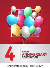 4 years anniversary celebration greeting card. anniversary logo with colorful balloon. Vector design for celebration, party, festival, invitation card, and birthday