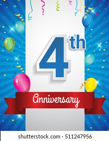 4 Years Anniversary celebration logo, with confetti and balloons, red ribbon, Colorful Vector design template elements for your flyer, banner and poster.