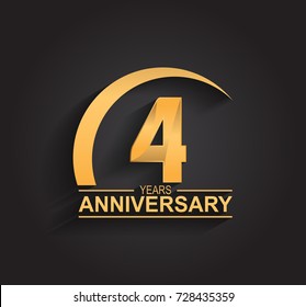 4 years anniversary celebration. Anniversary logo with swoosh and elegance golden color isolated on black background, vector design for celebration, invitation card, and greeting card