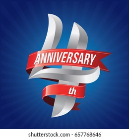 4 years anniversary celebration logotype. 4th silver number with red ribbons on blue background