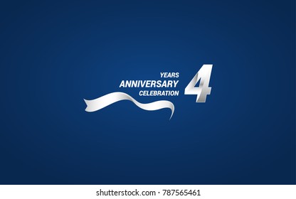 4 Years Anniversary celebration logotype white colored, using ribbon and isolated on blue background