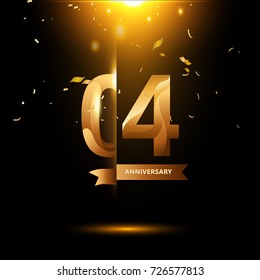 4 Years Anniversary with gold stylized number and confetti. Applicable for brochure, flyer, Posters, web and Banner Designs. Vector illustration.