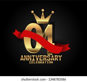 4 years Anniversary golden font with black background and red ribbon, and golden crown. Font with shadow and ribbon on top golden font. crown on the text. simple, luxury, and elegant design