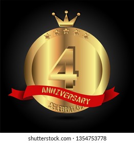 4 years anniversary with golden font, circle, crown, and star with red ribbon. anniversary text on top ribbon. Design like coin or medal with crown on top. My all design can see in my portofolio