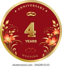  4 years anniversary. Greeting and invitation wedding card with creative numbers and flowers in round gold frame with wedding rings and hearts. Vector 3d illustration